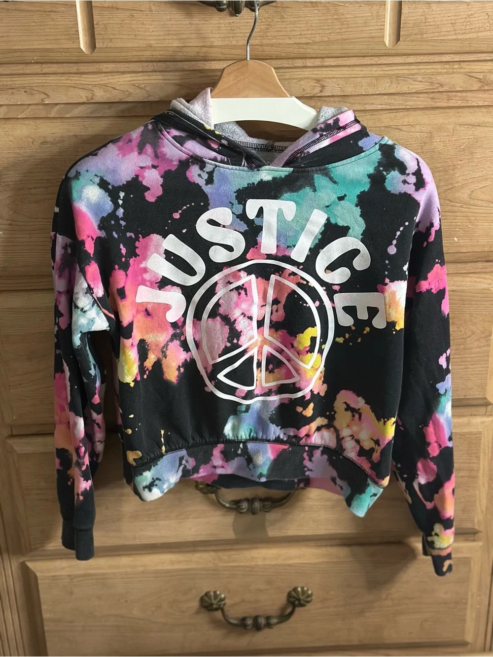Justice | Girls' Black Baggy Tie-Dye Peace Logo Hoodie | Size Large